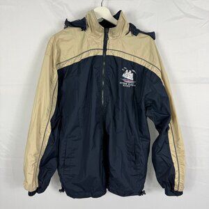 Boothbay Harbor Maine Windbreaker Men's Large Full Zip Off Hood Blue & Tan Coat